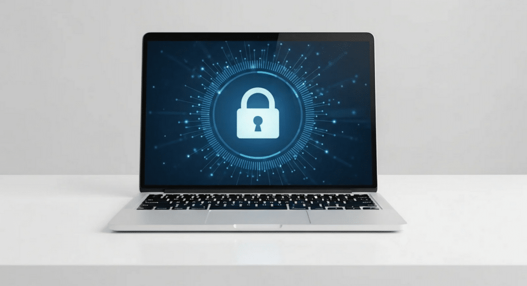 A laptop on a white desk displays a digital padlock icon on its screen, symbolizing cybersecurity or data protection.