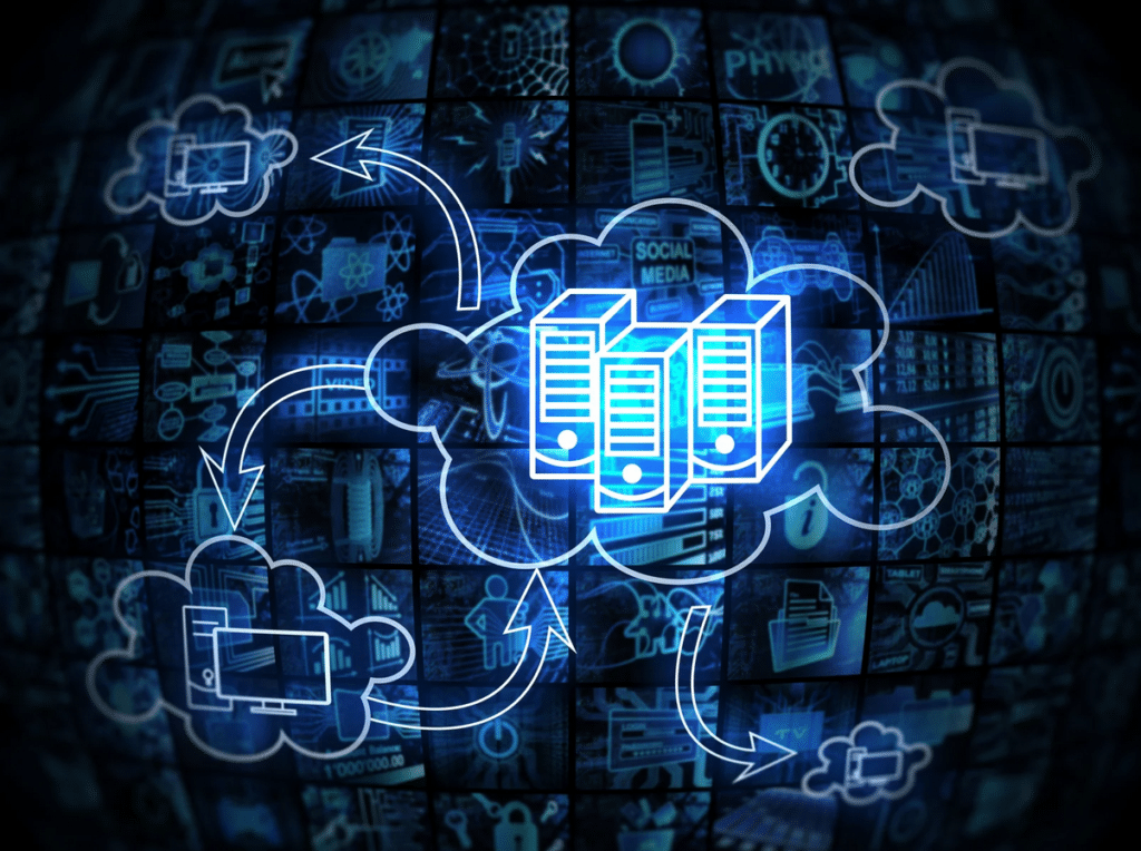 Digital illustration of cloud computing concept, showing server icons connected to various cloud symbols with arrows, over a background of technology-themed images and icons.