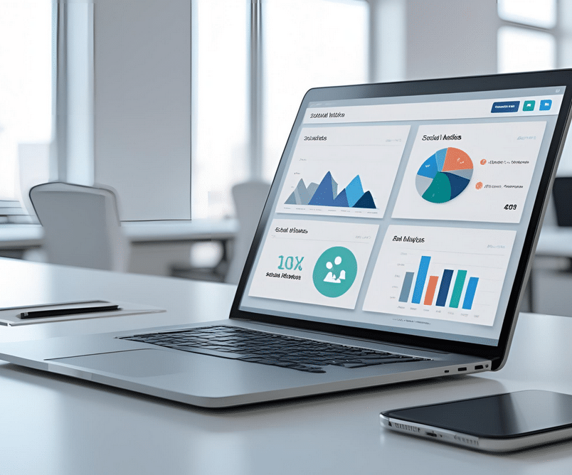 A laptop on a desk displays business analytics dashboards with various charts and graphs in a modern office setting.