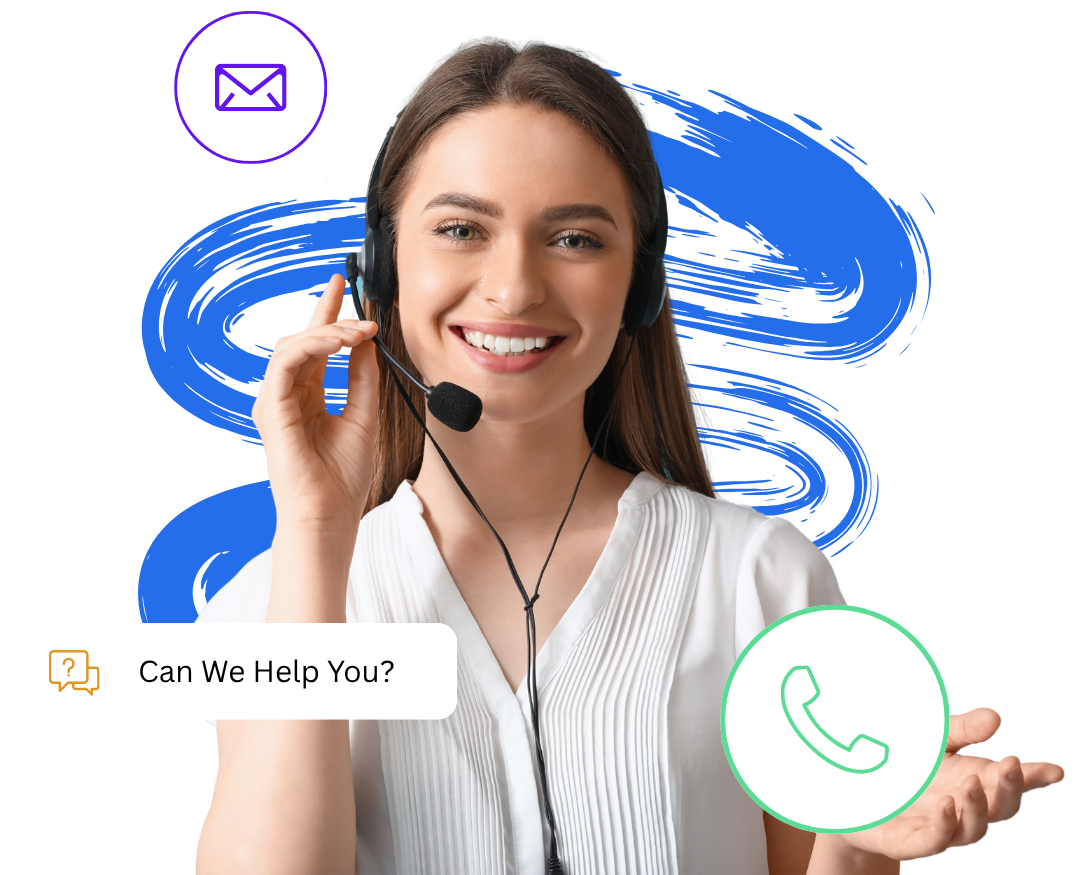 A woman wearing a headset smiles at the camera, with email and phone icons and a chat message that says "Can We Help You?" displayed around her.