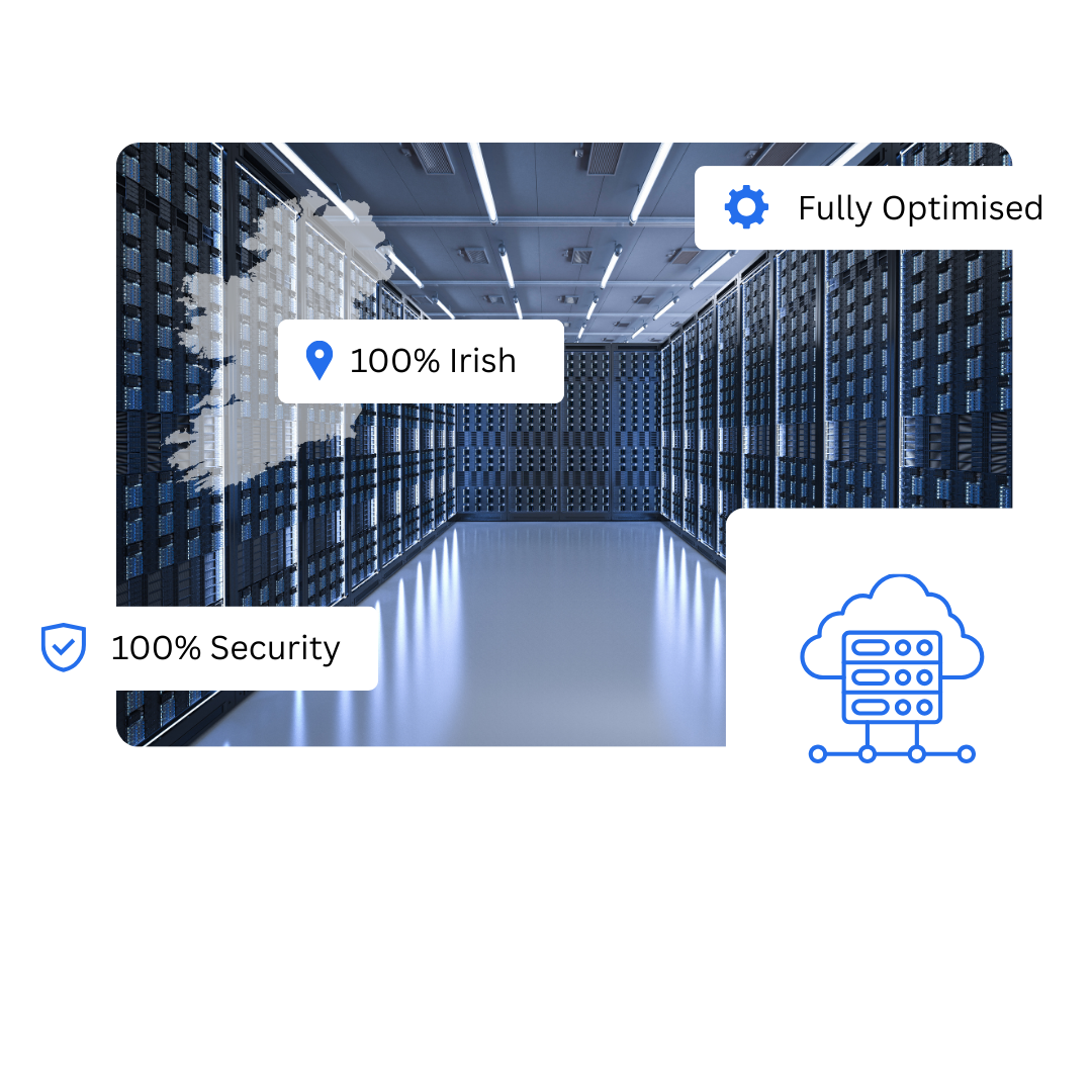 A modern data center with server racks, digital icons for security and cloud, and labels reading "100% Irish," "Fully Optimised," and "100% Security.
