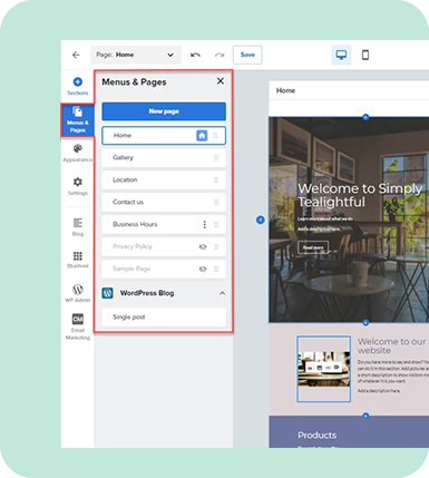 A website editor interface shows a sidebar menu with page options and a preview of a homepage titled “Welcome to Simply Teatightful.”.