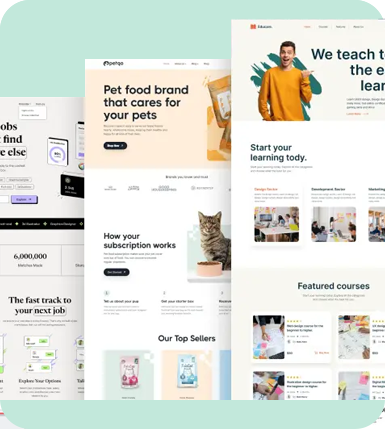 Three modern website homepages are displayed overlapping, featuring layouts for job searching, pet products, and online courses, emphasizing clean design and engaging images.