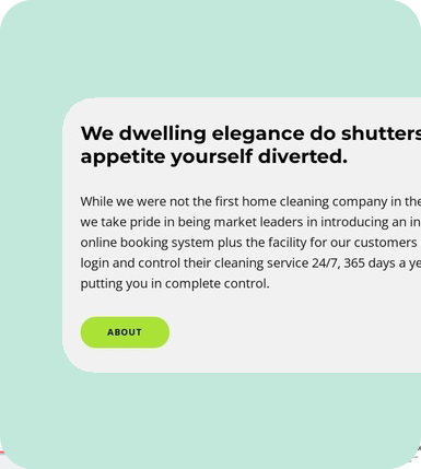 A rounded box contains a headline and text about a home cleaning service, highlighting online booking and 24/7 access, with a green "About" button below the text.