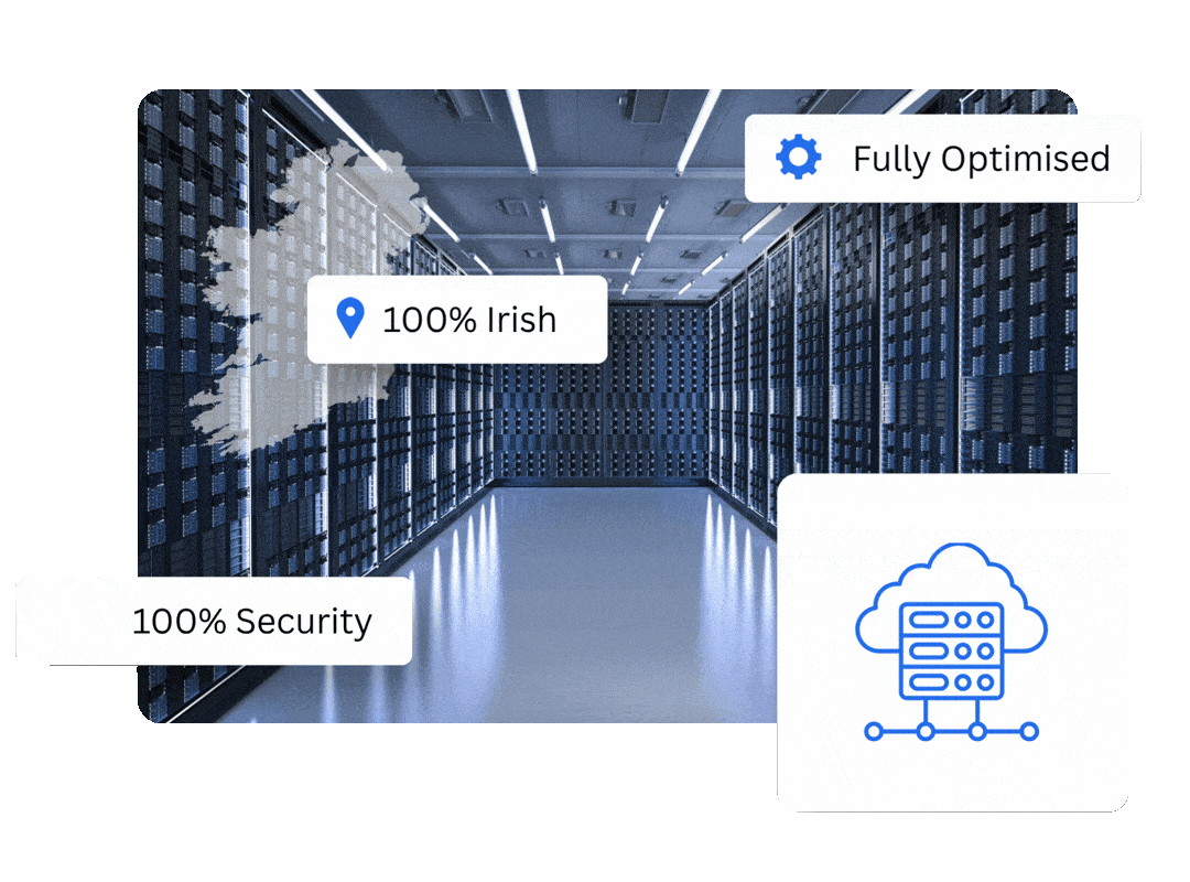 A data center room with server racks, overlaid with icons and text reading "100% Irish," "100% Security," and "Fully Optimised," plus a cloud server graphic.