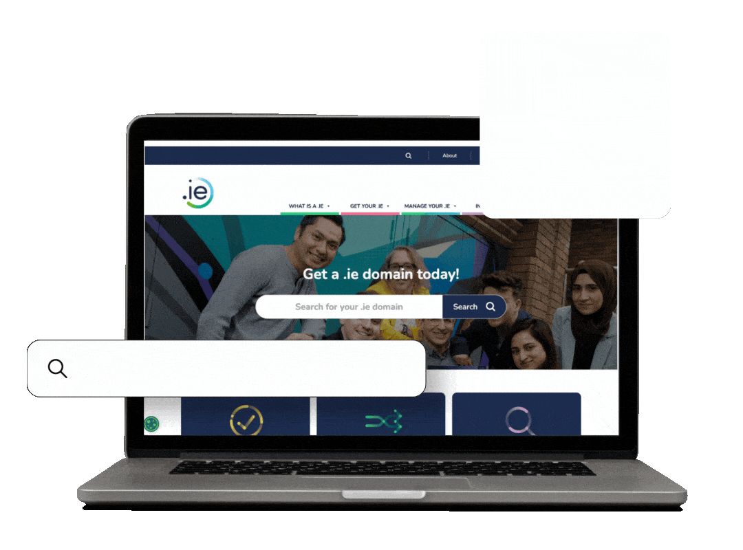A laptop displays a website for registering .ie domains, with a search bar overlaying the screen and green background.