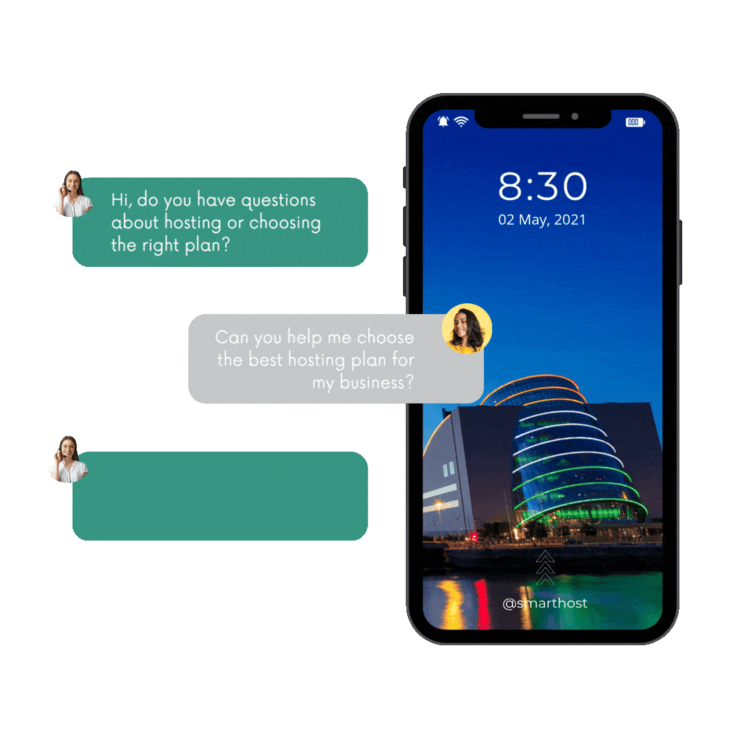 A smartphone displays a building at night; text message bubbles discuss hosting plans and choosing the right plan for a business.