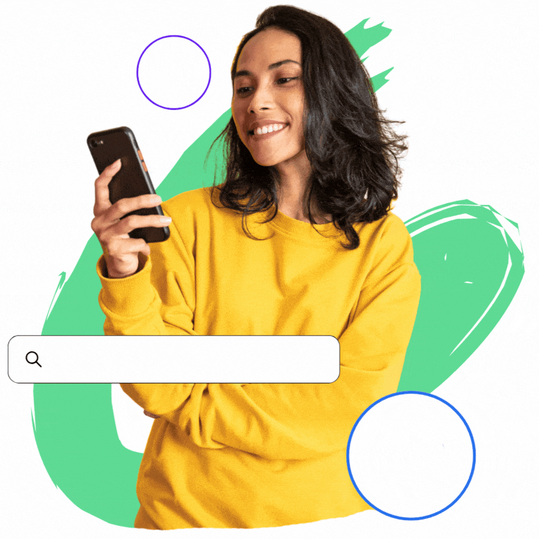Woman in a yellow sweater smiling at her phone, with illustrated circles and a search bar over a green abstract background.